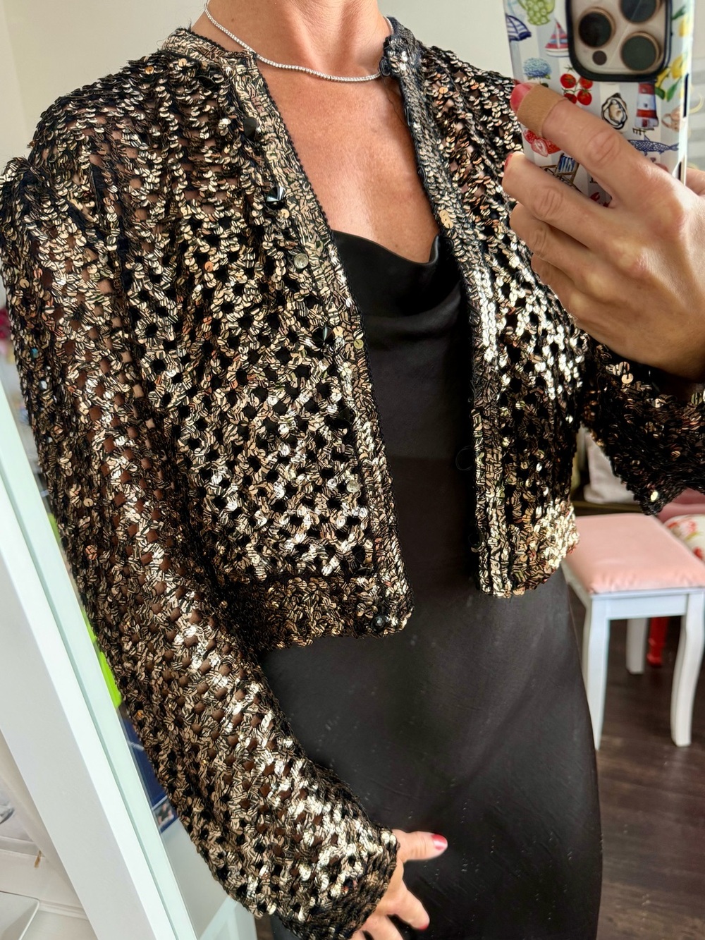 Vintage Saks Fifth Avenue Sequin Crochet Jacket Black Gold Size 8